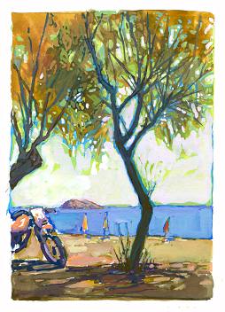 * Eressos Beach, 4-1/2 x 3-1/4 inches, gouache on paper