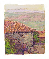 * Rooftops, Georgitsi, 2-3/4 x 2-1/4 inches, gouache on paper