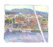 * Mytilini Harbor, 1-3/4 x 2 inches, gouache on paper